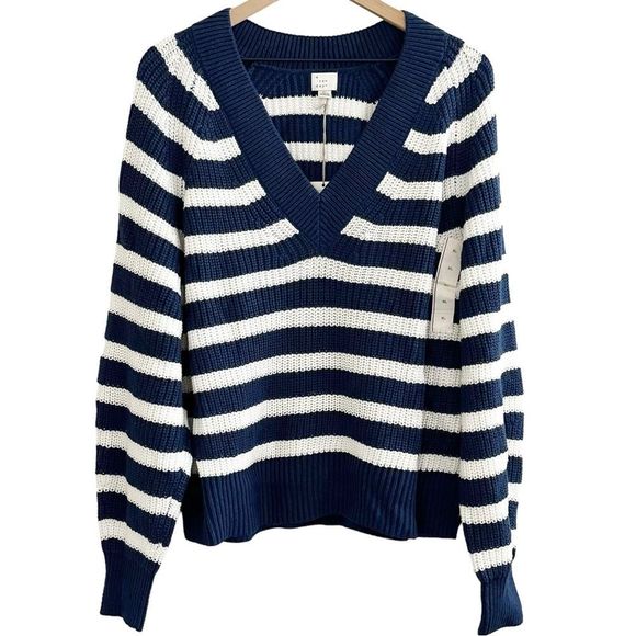 A New Day Blue Striped V-Neck Balloon Sleeve Pullover Chunky Knit Sweater XL - Picture 1 of 5